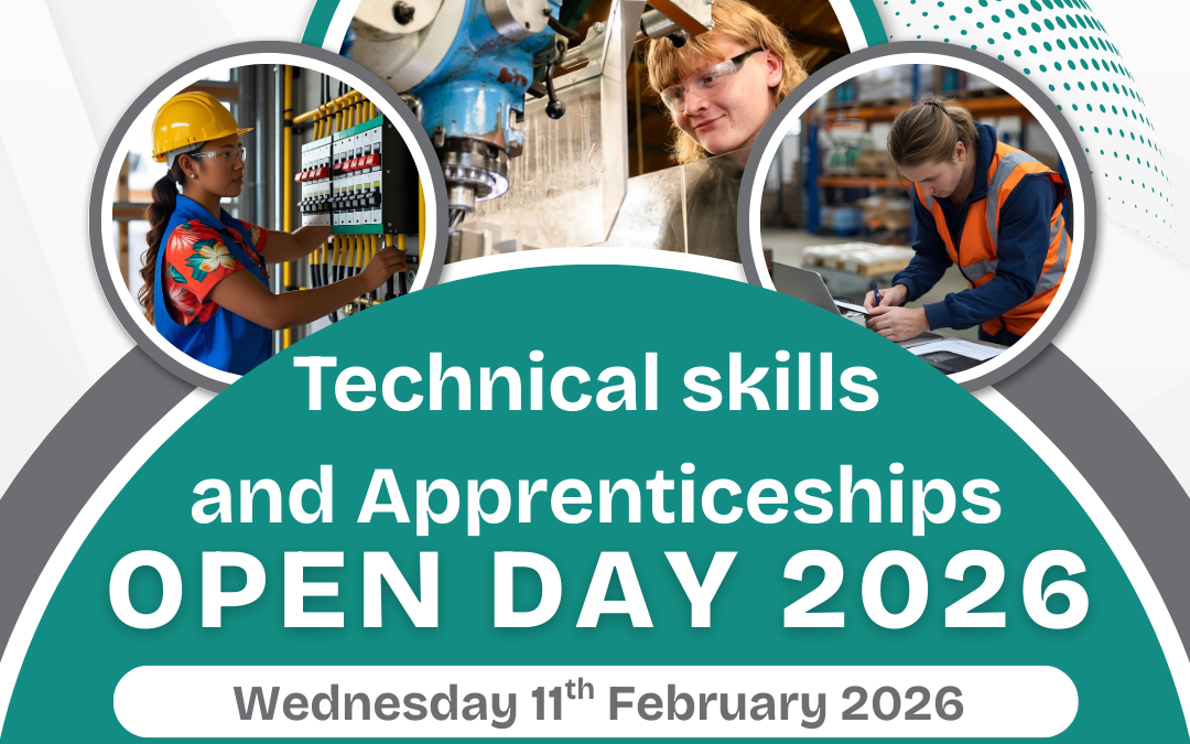 Pictures of apprentices doing engineering methods at the open day. details of contact and Elevated Knowledge logo