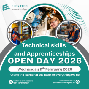 Pictures of apprentices doing engineering methods at the open day. details of contact and Elevated Knowledge logo