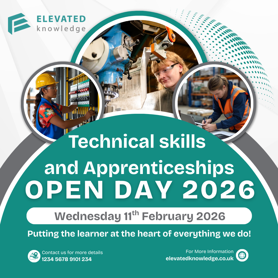 Open day pic Pictures of apprentices doing engineering methods at the open day. details of contact and Elevated Knowledge logo