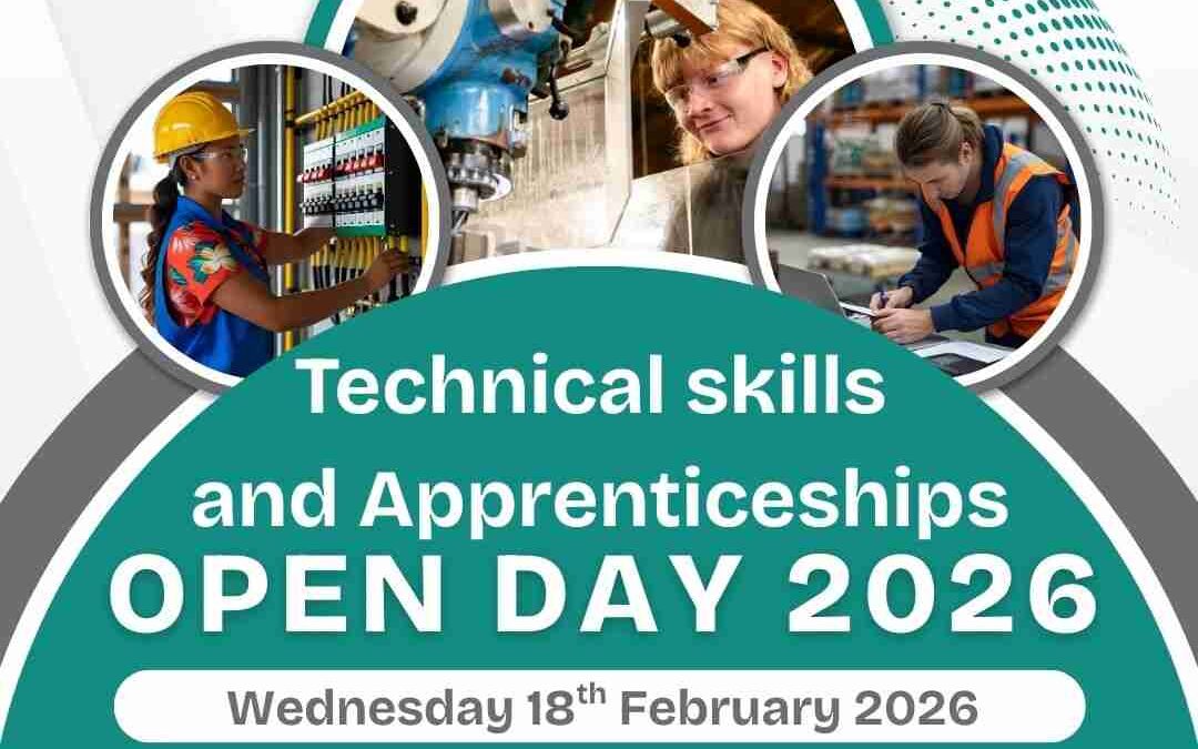 Pictures of apprentices working for employer, advertising apprenticeship open day